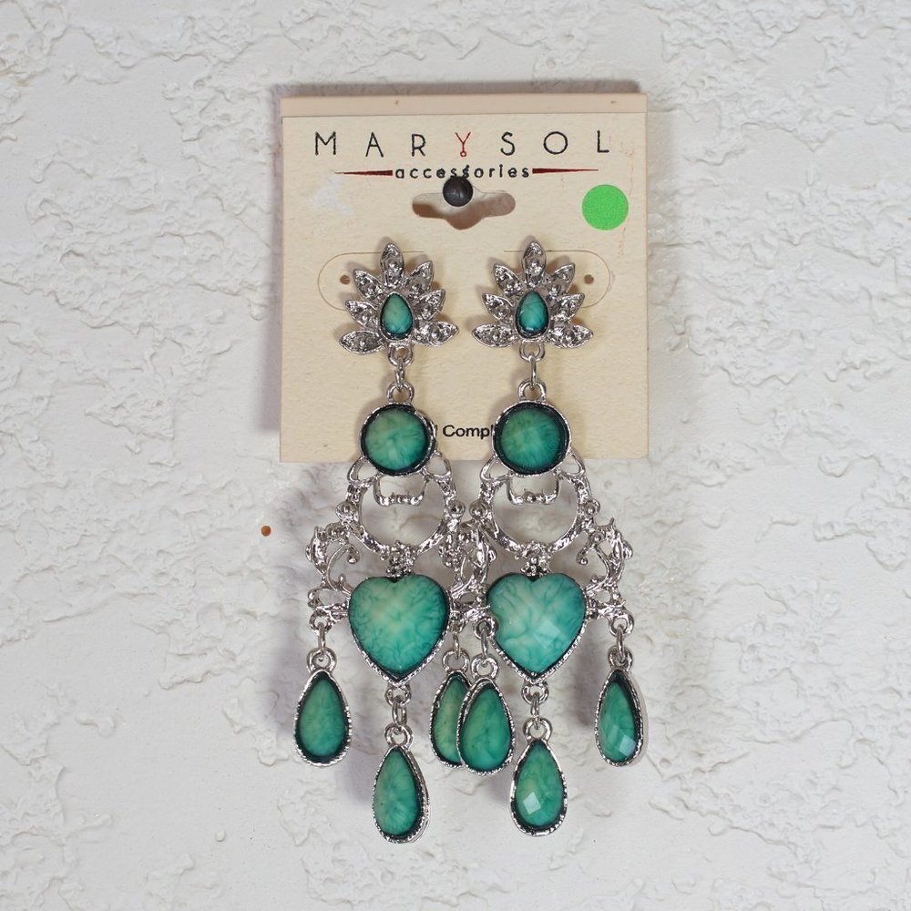 Metallic Dangling Earrings With Green Stones
